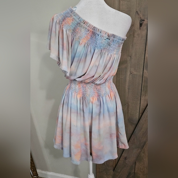 SKYLAR + MADISON Pastel Watercolor Chiffon One Shoulder Mini Dress. Blue/pink. M - Picture 14 of 14